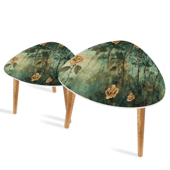Triangle End Tables Set of 2 Gentle Breeze Rose Garden Shimmering Gold Leaf Small Coffee Table, Tea Table, Nesting Tables for Living Room
