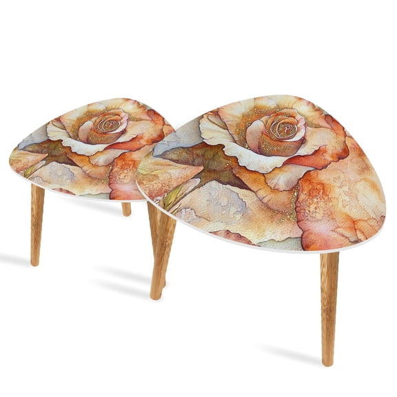 Triangle End Tables Set of 2 Gilded Vintage Rose Art Print Victorian Elegance Small Coffee Table, Tea Table, Nesting Tables for Living Room