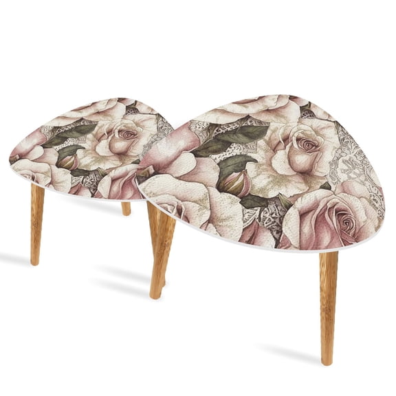 Triangle End Tables Set of 2 Glitter Dusted Roses Lace Vintage Style Watercolor Small Coffee Table, Tea Table, Nesting Tables for Living Room