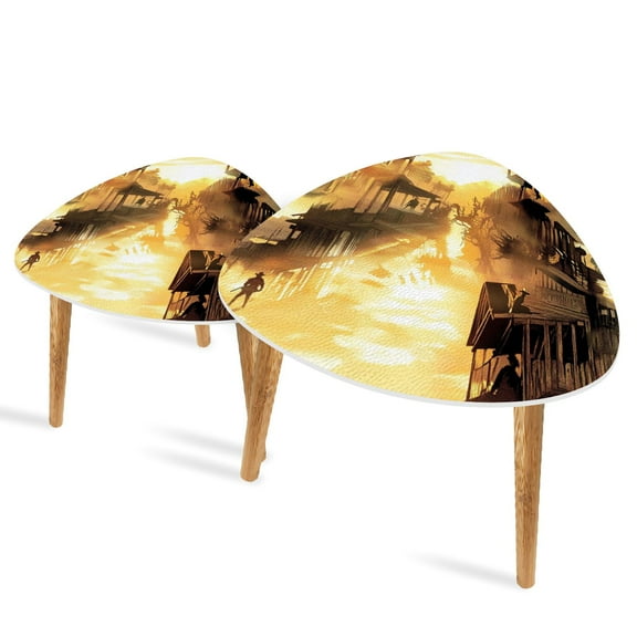 Triangle End Tables Set of 2 Golden Hour Western Town Illustration Cowboys Small Coffee Table, Tea Table, Nesting Tables for Living Room