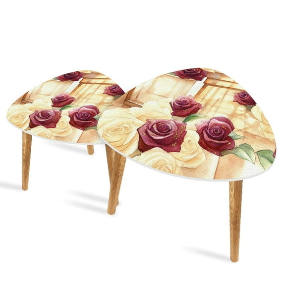 Triangle End Tables Set of 2 Handcrafted Vase Detailed Rose Watercolor Art Small Coffee Table, Tea Table, Nesting Tables for Living Room