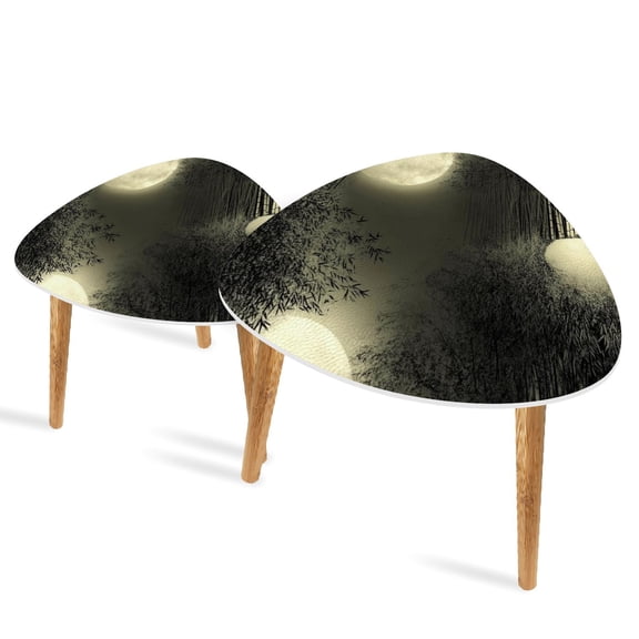 Triangle End Tables Set of 2 Ink Art Chinese Bamboo Forest Under Full Moon Small Coffee Table, Tea Table, Nesting Tables for Living Room