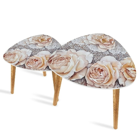 Triangle End Tables Set of 2 Intricate Rose Arrangement Ivory Blush Glitter Small Coffee Table, Tea Table, Nesting Tables for Living Room