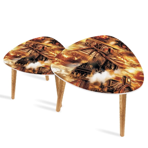 Triangle End Tables Set of 2 Intricate Train Decorative Print Evoke Adventure Small Coffee Table, Tea Table, Nesting Tables for Living Room