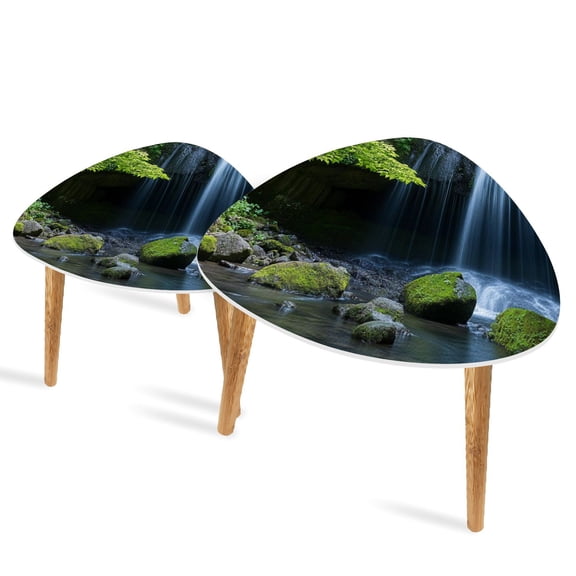 Triangle End Tables Set of 2 Japanese Waterfall Landscape Small Coffee Table, Tea Table, Nesting Tables for Living Room