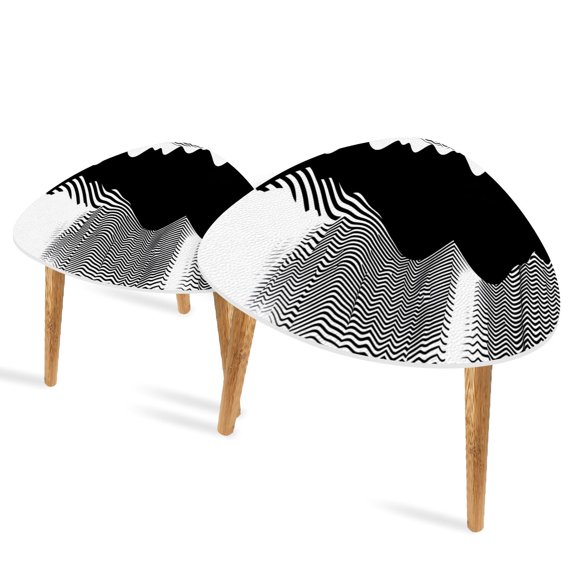 Triangle End Tables Set of 2 Minimalist Abstract Mountain Sea Art Print Black Small Coffee Table, Tea Table, Nesting Tables for Living Room