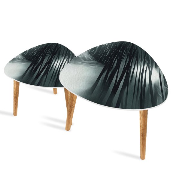 Triangle End Tables Set of 2 Monochrome Ink Art Bamboo Forest Full Moon Small Coffee Table, Tea Table, Nesting Tables for Living Room