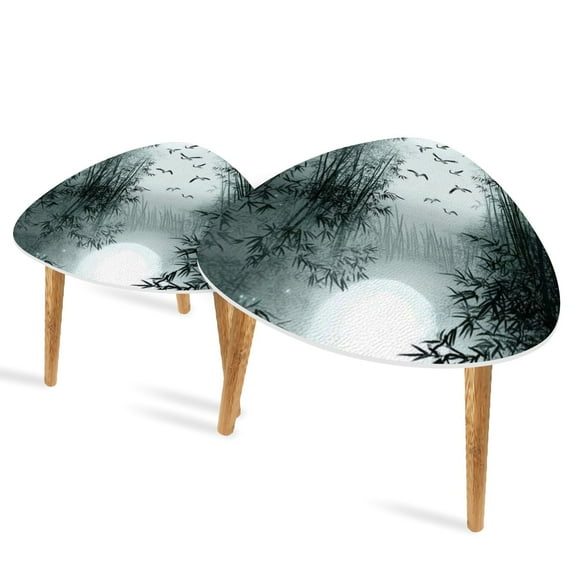 Triangle End Tables Set of 2 Mystical Bamboo Forest Ink Art Cranes Small Coffee Table, Tea Table, Nesting Tables for Living Room