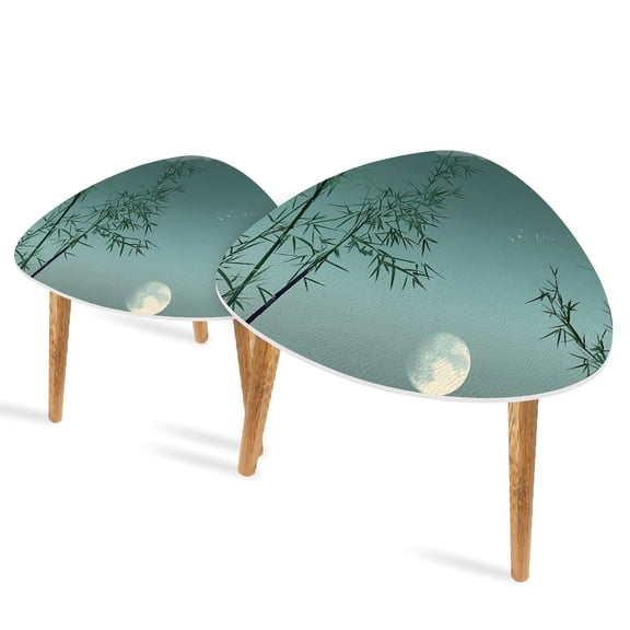 Triangle End Tables Set of 2 Mystical Bamboo Forest Ink Art Under Moonlight Small Coffee Table, Tea Table, Nesting Tables for Living Room