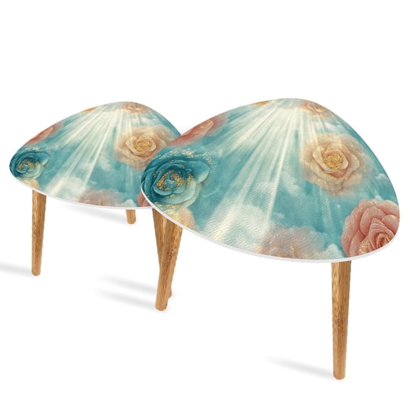 Triangle End Tables Set of 2 Opulent Floral Art Gold Glitter Accents Small Coffee Table, Tea Table, Nesting Tables for Living Room