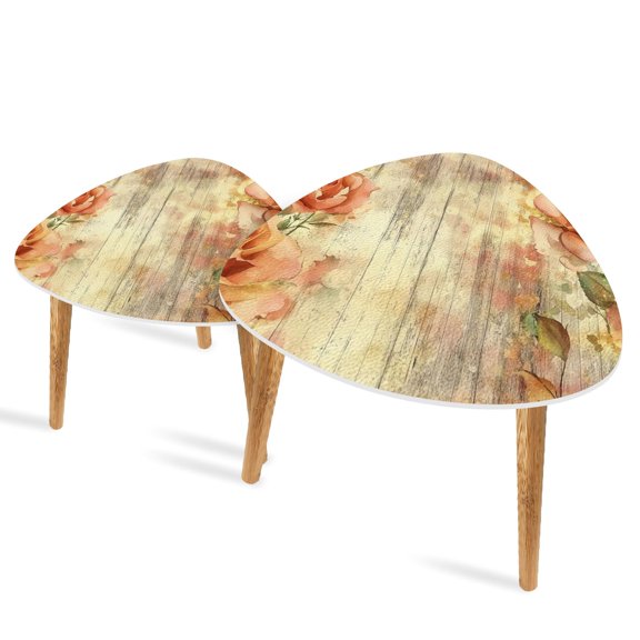 Triangle End Tables Set of 2 Pastel Rose Watercolor Art Rustic Wooden Panels Small Coffee Table, Tea Table, Nesting Tables for Living Room