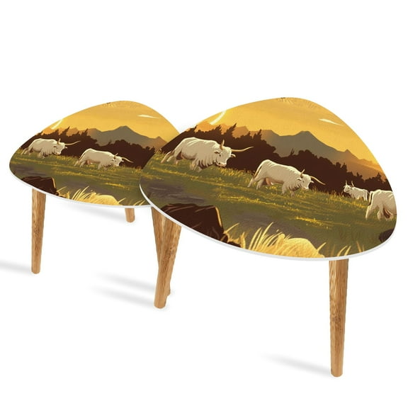 Triangle End Tables Set of 2 Pastoral Western Sunrise Grazing Cattle Small Coffee Table, Tea Table, Nesting Tables for Living Room