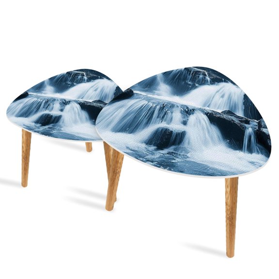 Triangle End Tables Set of 2 Peaceful Waterfall Small Coffee Table, Tea Table, Nesting Tables for Living Room