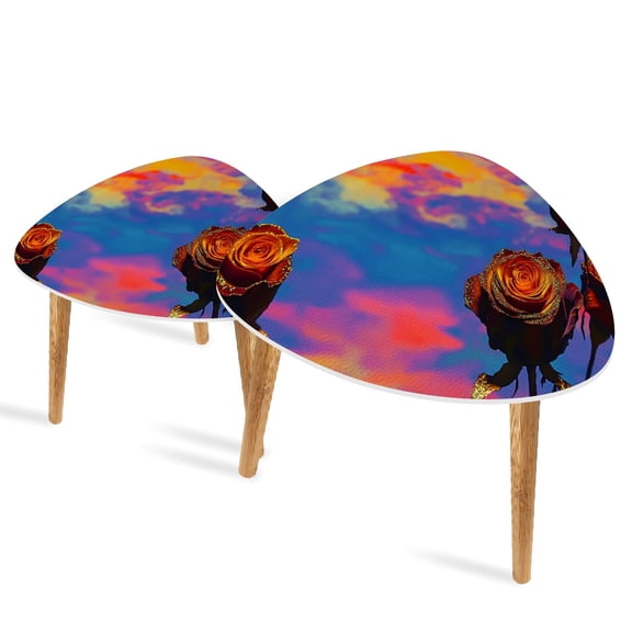 Triangle End Tables Set of 2 Romantic Vintage Roses Bunting Gold Glitter Small Coffee Table, Tea Table, Nesting Tables for Living Room