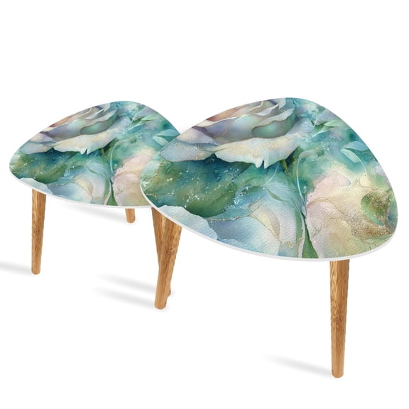 Triangle End Tables Set of 2 Serene Meadow Rose Painting Sparkling Gold Small Coffee Table, Tea Table, Nesting Tables for Living Room