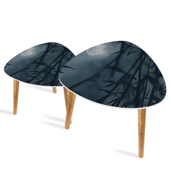 Triangle End Tables Set of 2 Silvery Bamboo Forest Ink Art Print Small Coffee Table, Tea Table, Nesting Tables for Living Room