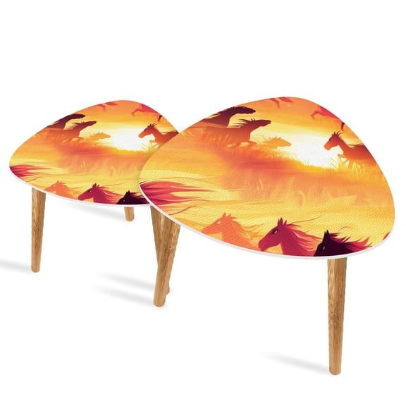 Triangle End Tables Set of 2 Sunlit Prairie Horses Sunrise Canvas Art Small Coffee Table, Tea Table, Nesting Tables for Living Room