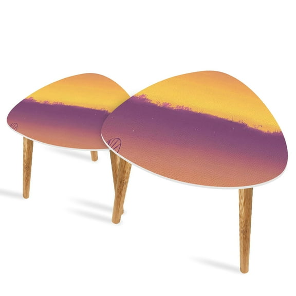 Triangle End Tables Set of 2 Sunrise Western Windmill Pastel Pencil Art Small Coffee Table, Tea Table, Nesting Tables for Living Room