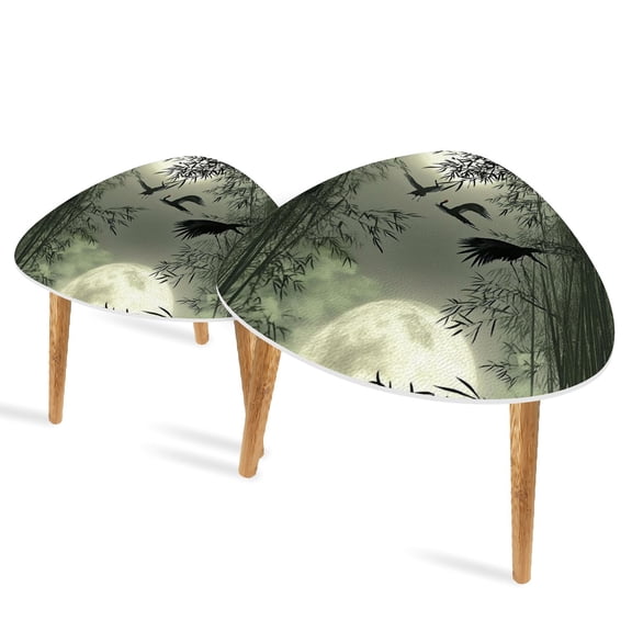 Triangle End Tables Set of 2 Traditional Ink Art Bamboo Forest Cranes Night Small Coffee Table, Tea Table, Nesting Tables for Living Room