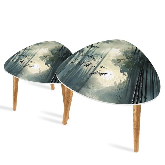Triangle End Tables Set of 2 Tranquil Bamboo Forest Art Ink Masterpiece Small Coffee Table, Tea Table, Nesting Tables for Living Room