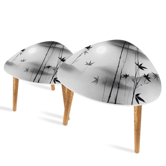 Triangle End Tables Set of 2 Tranquil Ink Art Bamboo Forest Small Coffee Table, Tea Table, Nesting Tables for Living Room