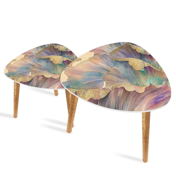 Triangle End Tables Set of 2 Vintage Rose Watercolor Iridescent Ivory Paper Small Coffee Table, Tea Table, Nesting Tables for Living Room