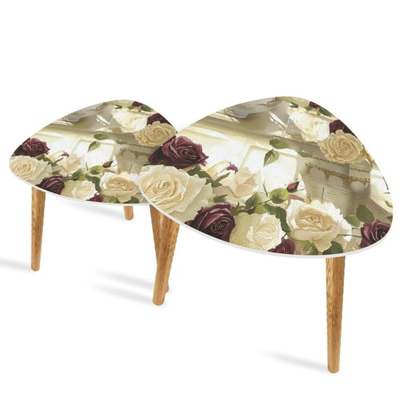 Triangle End Tables Set of 2 Vintage Rose Watercolor Porcelain Vase Art Print Small Coffee Table, Tea Table, Nesting Tables for Living Room