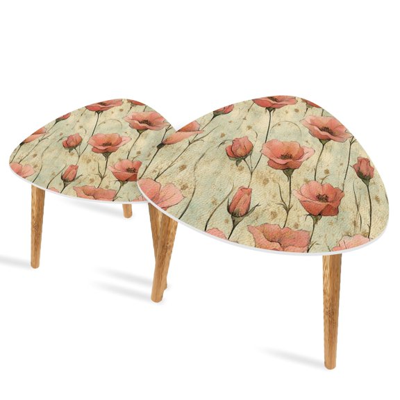 Triangle End Tables Set of 2 Vintage Roses Gold Accents Serene Watercolor Print Small Coffee Table, Tea Table, Nesting Tables for Living Room