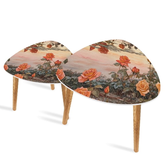 Triangle End Tables Set of 2 Watercolor Pond Vintage Roses Gold Glitter Glow Small Coffee Table, Tea Table, Nesting Tables for Living Room