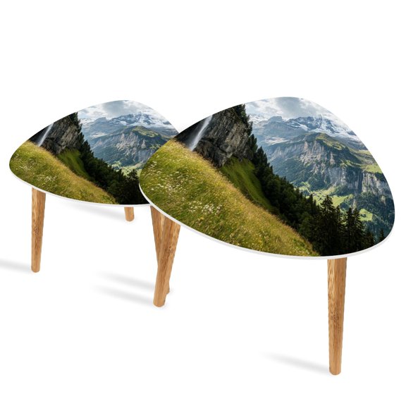 Triangle End Tables Set of 2 Waterfall above Spiggengrund from Kiental to Small Coffee Table, Tea Table, Nesting Tables for Living Room