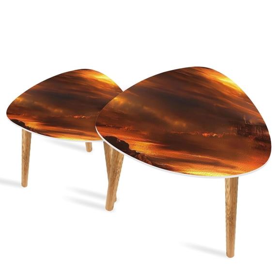 Triangle End Tables Set of 2 Western Locomotive Art Sunrise Desert Small Coffee Table, Tea Table, Nesting Tables for Living Room