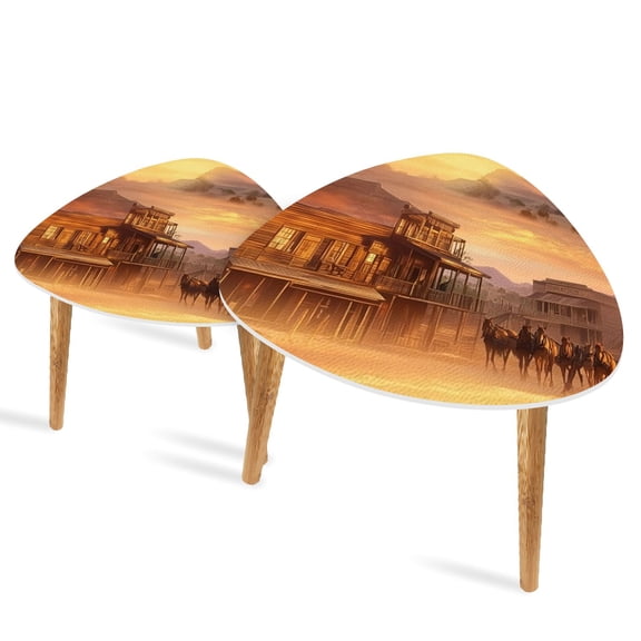 Triangle End Tables Set of 2 Western Sunrise Art Vibrant Frontier Town Print Small Coffee Table, Tea Table, Nesting Tables for Living Room
