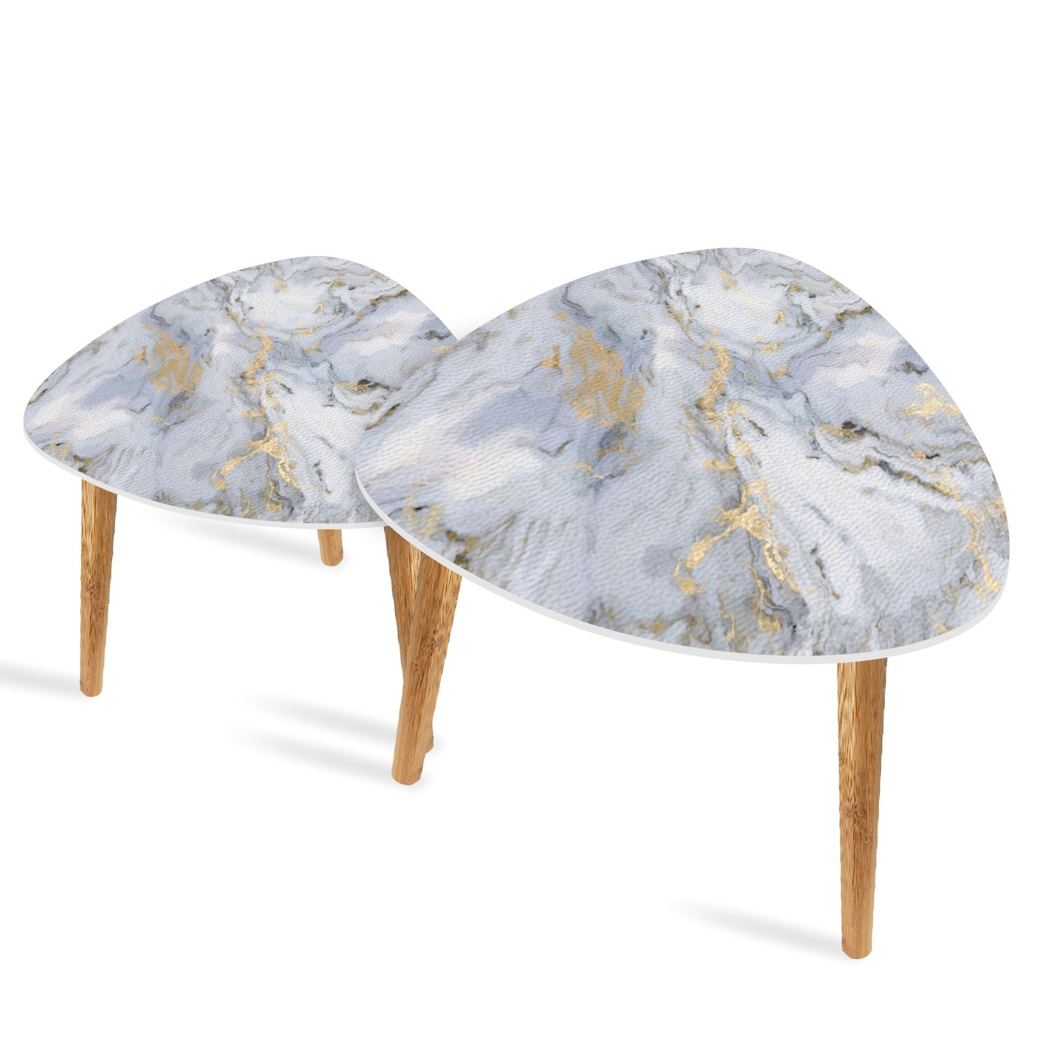 Triangle End Tables Set of 2 White marble pattern golden inclusions ...
