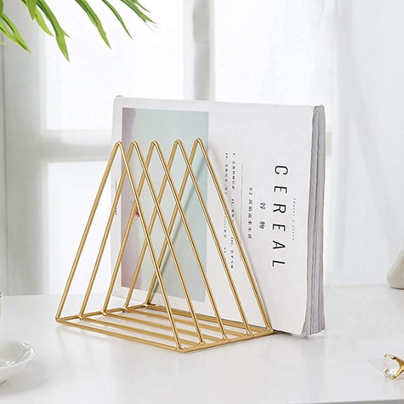 Triangle File Holder,5 Slot Metal Vinyl Record Stand Holder Magazine Newspaper Holder Photography Props for Office Home (2pc gold)