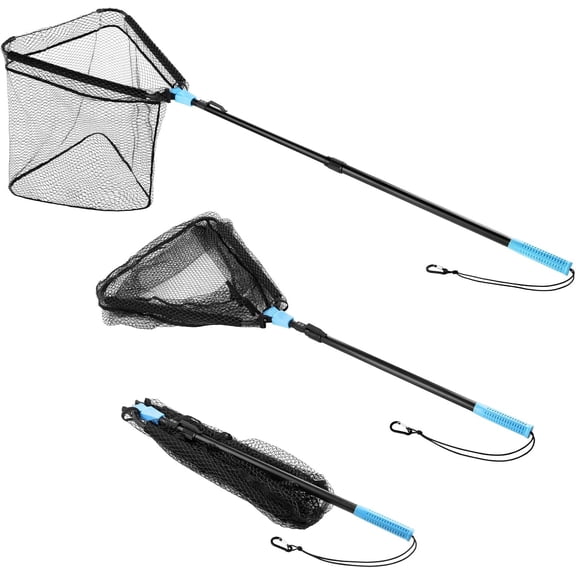 Triangle Fishing Net, Foldable, Lightweight & Strong Landing Net with Non-Slip Elastomer Handle, Built-in Elastic Lanyard and Belt Clip, Fishing Gear - Gift for Men