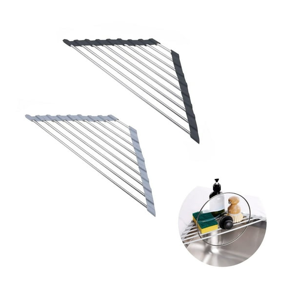 Triangle Foldable Dish Drying Rack for Sink Corner, Space Saving Over-Sink Organizer with Drainer Tray,2 Pack, 1Black, 1Gray