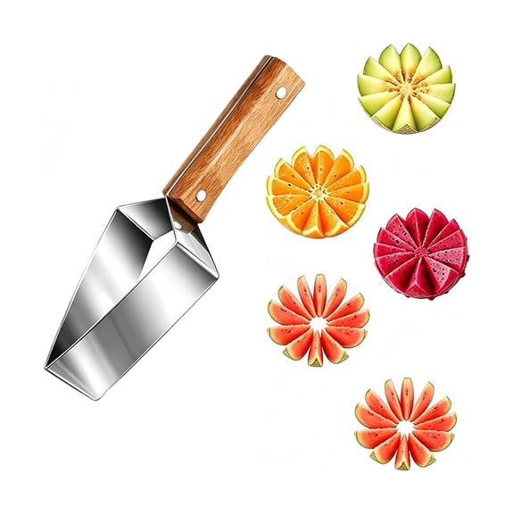 Triangle Fruit Cube Cutter with Wooden Handle,Stainless Steel Watermelon Slicer Cutter, Easy Slice Tool for Watermelon, Melon, Apple & More