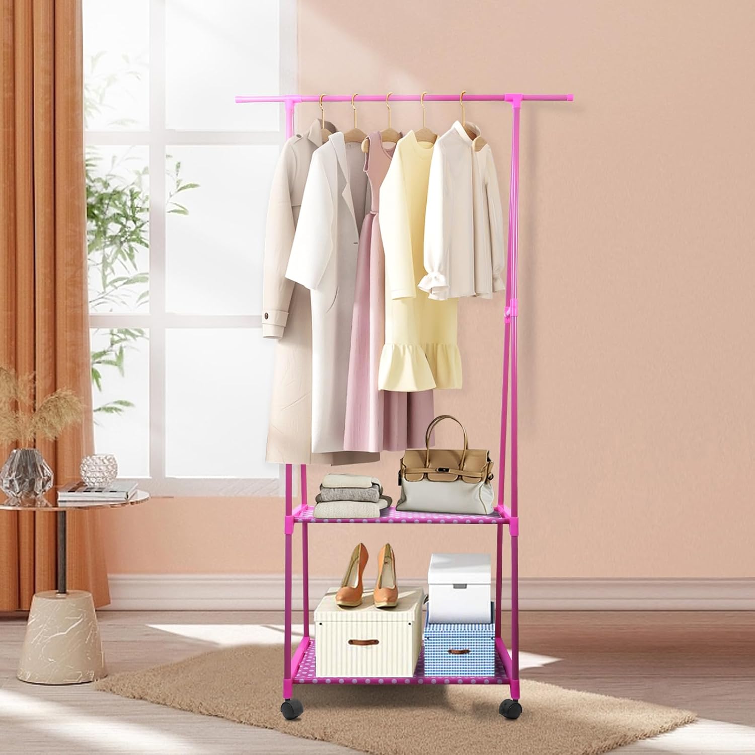 Pink Shelf Rack Triangle Garment Rack with 2-tier Storage Shelves, Portable Rolling ...