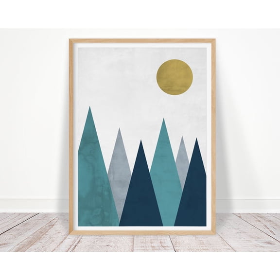 Triangle Geometric Wall Art Scandinavian Mountains Wall Art Wall Art Geo Wall Art Navy Blue And Grey Boy Nursery Gift Home Decor #4026, Unframed Poster Size 8x12