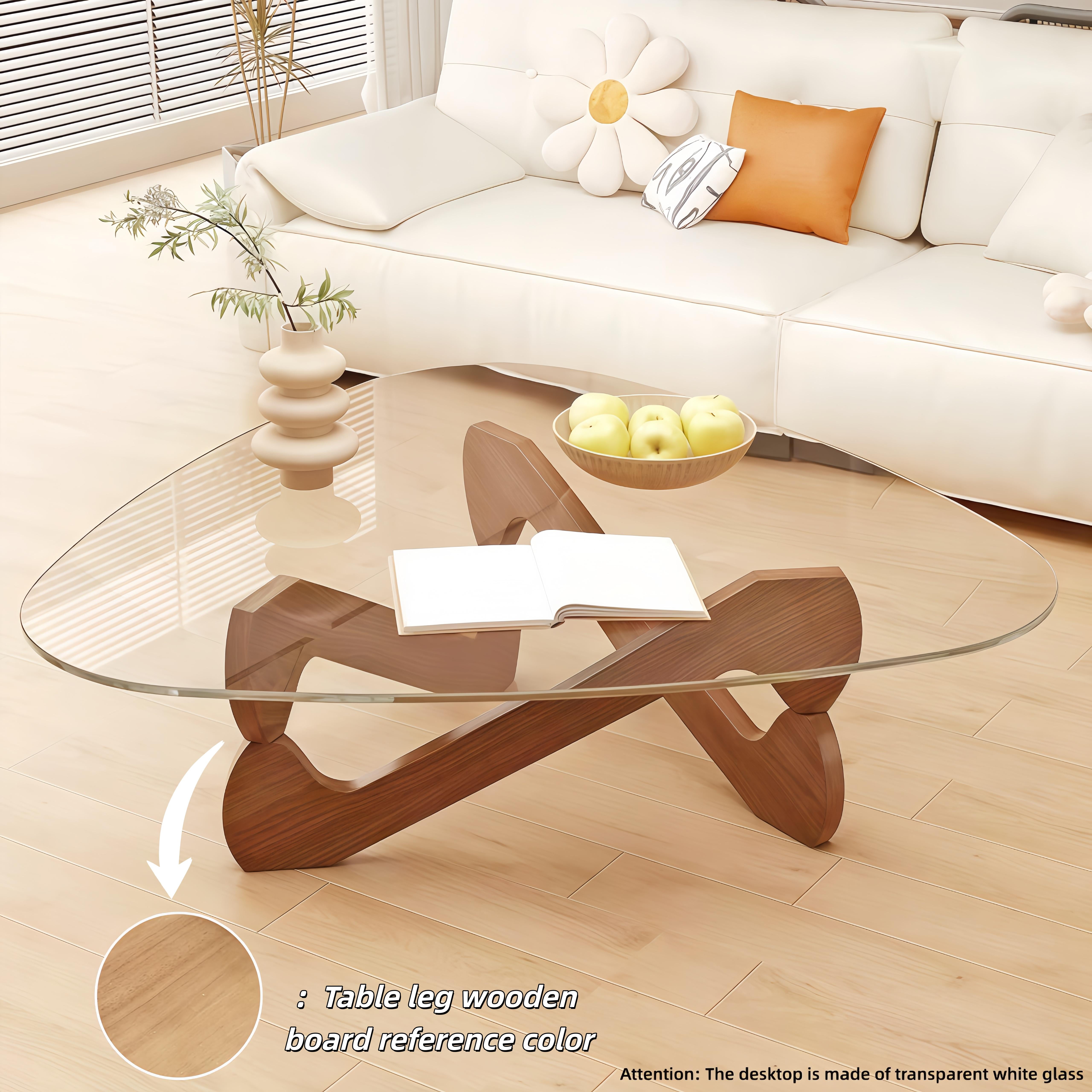 Triangle Glass Coffee Table for Living Room Side Table,with Irregular Wooden Base End Table,Mid-Century Modern Abstract End Table,for Study Room Office Hotel Balcony(35.8in, Wood-Brown)