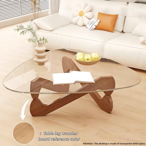 Triangle Glass Coffee Table for Living Room Side Table,with Irregular Wooden Base End Table,Mid-Century Modern Abstract End Table,for Study Room Office Hotel Balcony(35.8in, Wood-Brown)