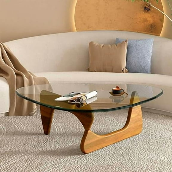 Triangle Glass Coffee Table-Mid-Century Modern End Table Solid Wood Base and Vintage Tempered Transparent Glass Top Coffee Tables Living Room Balcony (32.3 * 24 * 16in, Walnut Transparent)$$Furniture