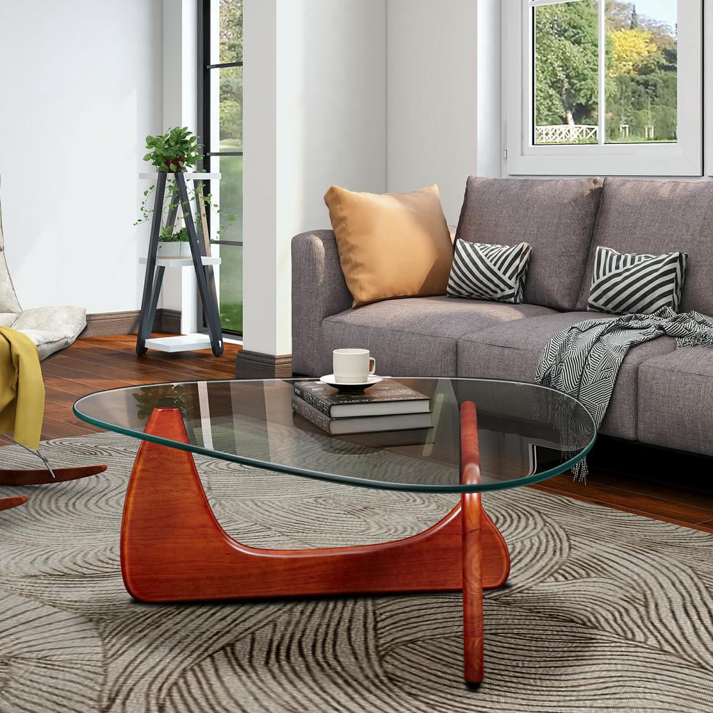 ARCTICSCORPION Triangle Glass Coffee Table, Solid Wood Base, Tempered ...