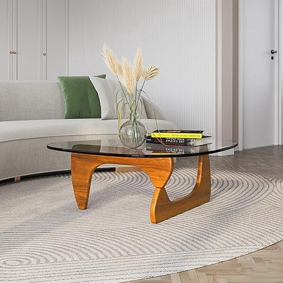 Walnut Triangle Glass Coffee Table, Mid-Century Modern with Tempered Glass Top and Wooden Base, Stable Accent Table for Living Room, 32.3"W x 22.4"D x 15.7"H