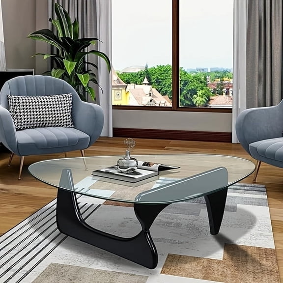 Black Triangle Glass Coffee Table, Mid-Century Modern with Tempered Glass Top and Wooden Base, Stable Accent Table for Living Room, 32.3"W x 22.4"D x 15.7"H