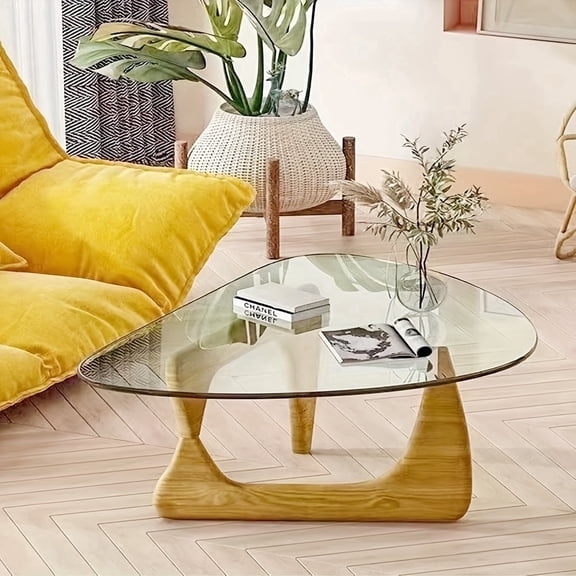 Triangle Glass Coffee Table, Wooden Base, Mid-Century Modern, Tempered Glass Top, Living Room Table,Black