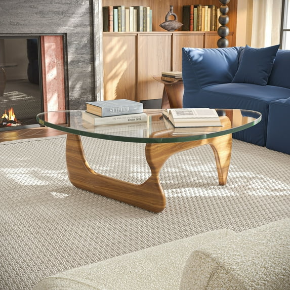 Triangle Glass Coffee Table with 19mm Thick Tempered Glass, Solid Wood Base Table