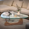 thumbnail image 1 of Triangle Glass Coffee Table with Solid Wood Base Irregular Tempered Glass Top Table for Living Room,Light Walnut, 1 of 9