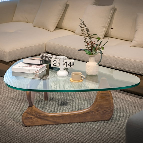Triangle Glass Coffee Table with Solid Wood Base Irregular Tempered Glass Top Table for Living Room,Light Walnut