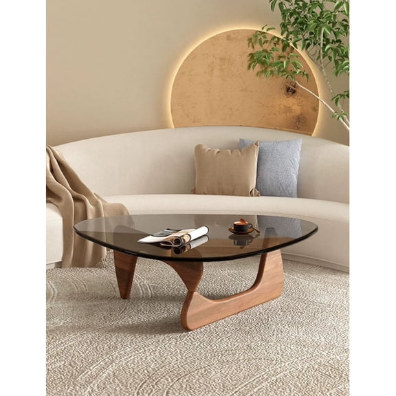 Triangle Grey Glass Coffee Table with Wooden Base Mid-Century